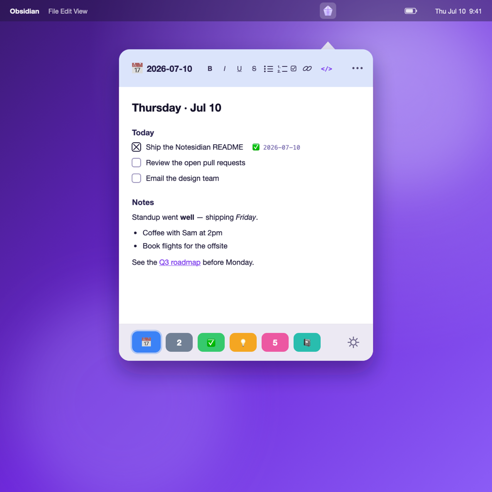 Notesidian floating over the desktop: a daily note with checkable tasks and six colored note tabs along the bottom.