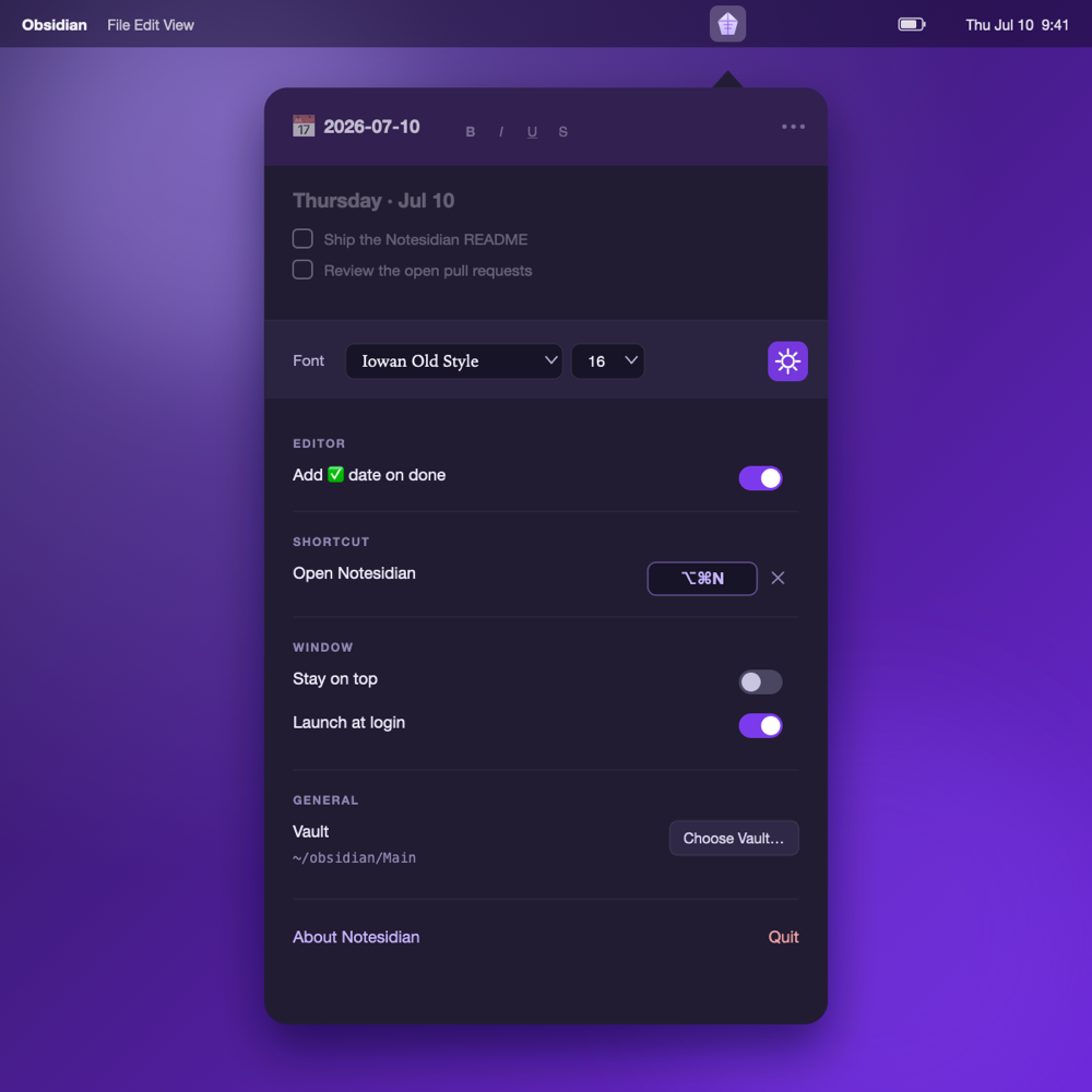Notesidian's settings panel in dark mode: font picker, global-shortcut recorder, launch-at-login toggle, and vault chooser.