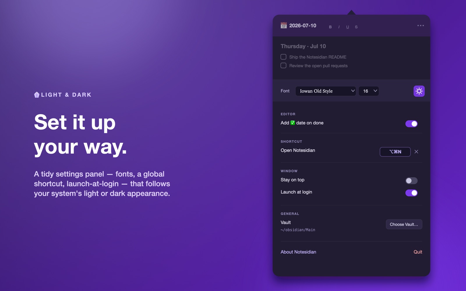 Notesidian in both light and dark appearance, following the system theme.